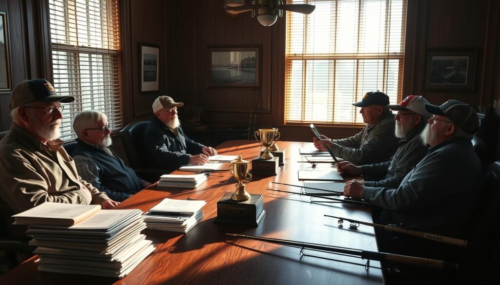 A dimly lit conference room with a long oak table, where a panel of distinguished anglers in fishing gear sit in solemn discussion. Sunlight filters in through the blinds, casting dynamic shadows across their weathered faces. Stacks of files, trophy replicas, and pristine fishing rods adorn the table, hinting at the meticulous selection process. The atmosphere is one of quiet contemplation, as the panel carefully deliberates the merits of each potential inductee to the Bass Fishing Hall of Fame.