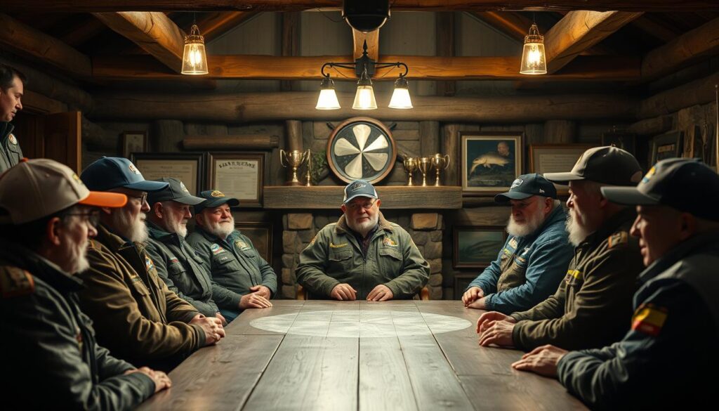 A dimly lit fishing cabin, weathered oak beams and a crackling fireplace set the stage. In the center, a group of competitive bass anglers listen intently as a revered Hall of Fame inductee shares insights - the arc of a perfect cast, the nuances of lure presentation, the patience to read the water. Soft, warm lighting illuminates their weathered faces, eyes alight with the wisdom of decades on the water. In the background, trophies and framed photos of past victories hint at the distinguished careers that have earned this mentor's place among the legends. A sense of reverence and eager anticipation fills the air as the next generation absorbs the time-honored lessons that will shape their own paths to greatness.