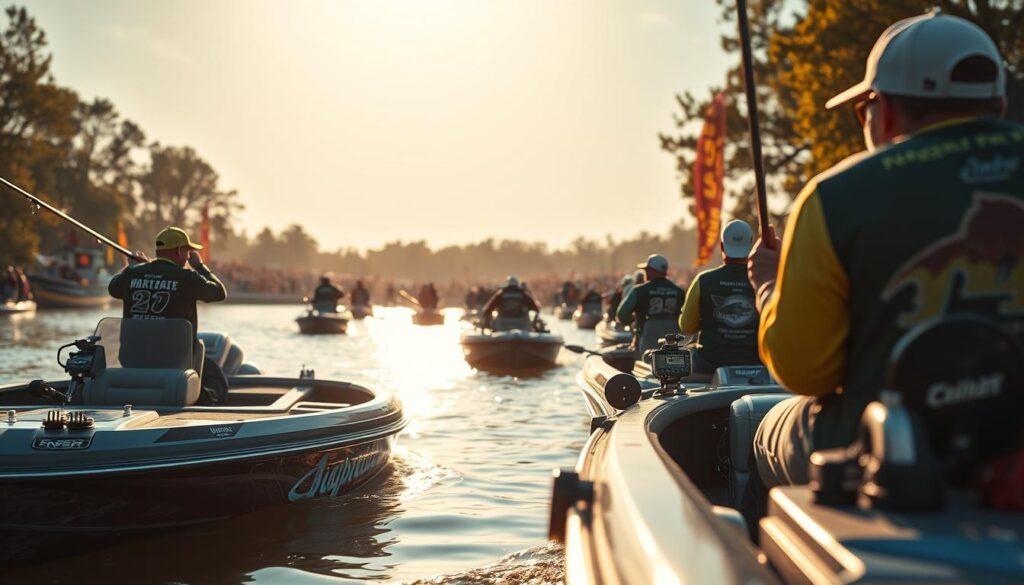 A dynamic tournament scene of innovative bass fishing, captured through a wide-angle lens with a shallow depth of field. In the foreground, anglers expertly navigate their sleek, high-tech boats, lines cutting through the still waters. The middle ground features an array of specialized rods, lures, and electronic devices, showcasing the technological advancements transforming the sport. In the background, a bustling crowd cheers on the competitors, the atmosphere charged with the thrill of the competition. Warm, golden sunlight filters through the trees, casting a vibrant glow over the entire scene and highlighting the intense focus and determination of the anglers as they strive to outmaneuver their rivals and claim the tournament title.