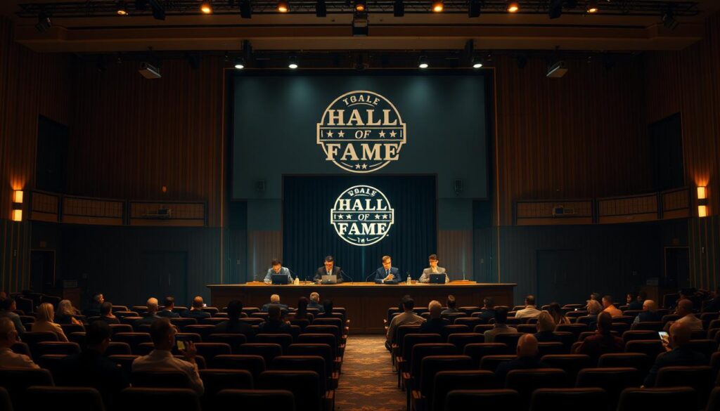 A grand auditorium with rows of seats, dimly lit by warm spotlights. In the center, a raised dais where a panel of esteemed judges sits, meticulously reviewing files and ballots. The atmosphere is one of reverence and careful deliberation, as the judges weigh the merits of each nominee, their faces illuminated by the glow of tablets and documents. Behind them, a large backdrop displays the prestigious "Hall of Fame" insignia, casting an air of importance and gravity over the proceedings. The scene conveys the solemn nature of the selection process, where the fate of legends hangs in the balance, decided by a panel of experts dedicated to upholding the highest standards of the sport.