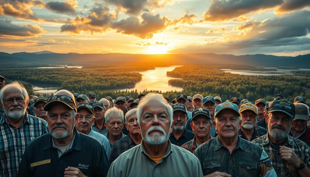 A grand hall of fame, where legends of bass fishing gather in reverence. In the foreground, a group of honored inductees, their weathered faces etched with the wisdom of lifelong dedication to the sport. Arrayed behind them, a backdrop of majestic scenery - pristine lakes, verdant forests, and a dramatic sky illuminated by warm, golden lighting. The mood is one of reverence and respect, capturing the rich history and enduring legacy of those who have shaped the sport of bass fishing. Captured with a wide-angle lens to convey the grandeur of the occasion, this image pays tribute to the icons who have been enshrined in the Bass Fishing Hall of Fame.