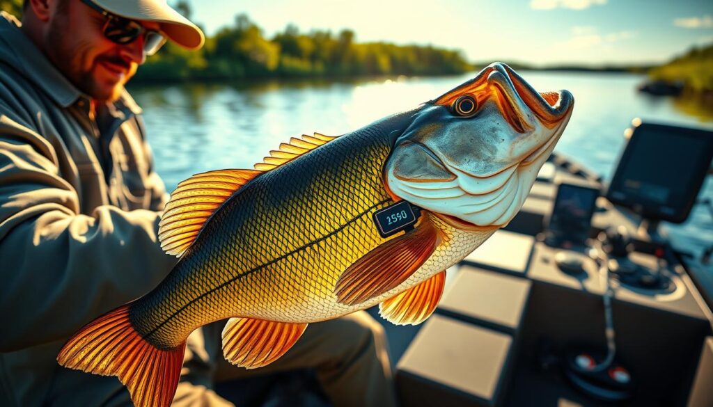 A high-resolution image of a modern bass fishing boat equipped with advanced electronic tagging technology. In the foreground, a skilled angler carefully attaches a compact tracking device to the underside of a trophy largemouth bass, its vibrant green and black scales glistening under warm, natural lighting. In the middle ground, the boat's sleek design and cutting-edge sonar equipment are visible, hinting at the technological innovations transforming the sport of bass fishing. The background depicts a serene, sun-dappled lake surrounded by lush, verdant vegetation, conveying a sense of harmony between nature and technology.