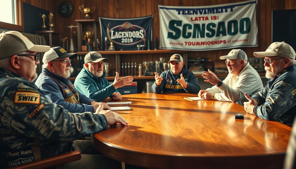 A panel of legendary bass tournament anglers sits around a polished wood table, engaged in a lively discussion. The scene is bathed in warm, natural lighting, captured by a high-quality camera lens at a slight angle. The anglers, dressed in fishing attire, gesticulate animatedly, their expressions a mix of expertise and camaraderie. In the background, a backdrop of fishing gear, trophies, and championship banners suggests the illustrious careers of these panel members. The atmosphere conveys the reverence and respect accorded to these titans of the sport, as they share their insights and experiences with an attentive audience.