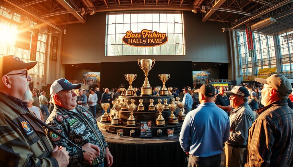 A panoramic scene depicting the growth and influence of the Bass Fishing Hall of Fame. In the foreground, a group of anglers excitedly discuss the latest inductees, their weathered faces and tackle-worn gear conveying a sense of reverence. In the middle ground, a large trophy display stands proudly, its gleaming awards reflecting the accomplishments of legendary fishermen. The background reveals a bustling convention center, its modern architecture symbolizing the Hall of Fame's expanding reach and importance within the sport. Warm afternoon light filters through the windows, casting a golden glow over the scene and evoking a feeling of celebration and progress. A sense of tradition and innovation coalesces, capturing the Hall of Fame's pivotal role in elevating bass fishing to new heights of recognition and respect.