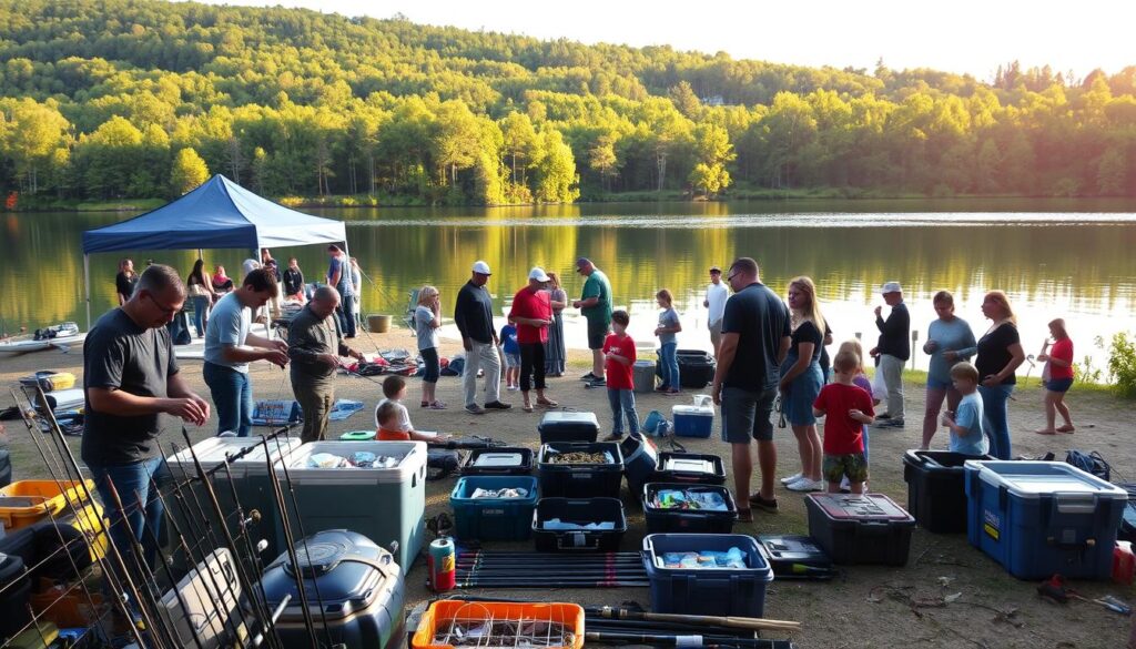 A serene lakeside scene at Bass Lake, where families gather for the annual fishing tournament. In the foreground, a group of anglers assemble their gear - fishing rods, tackle boxes, and coolers brimming with bait. The middle ground reveals a bustling registration tent, volunteers diligently checking in participants and handing out tournament materials. In the background, the still waters of the lake reflect the verdant surrounding forest, creating a tranquil atmosphere. Warm afternoon sunlight filters through the trees, casting a golden glow over the entire scene. The mood is one of eager anticipation, as families prepare to embark on a day of friendly competition and quality time on the water.