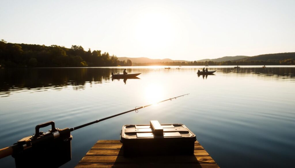 A tranquil lakeside scene at Bass Lake, the sun casting a warm glow over the calm waters. In the foreground, a fishing rod and tackle box sit on a wooden dock, hinting at the upcoming tournament. Mirrored in the glassy surface, silhouettes of anglers in small boats dot the horizon, their lines cast in anticipation. The background showcases lush, verdant trees and rolling hills, creating a picturesque and serene setting. The image conveys the eligibility and preparedness required for the upcoming Bass Lake fishing tournament, inviting the viewer to imagine themselves as a participant.