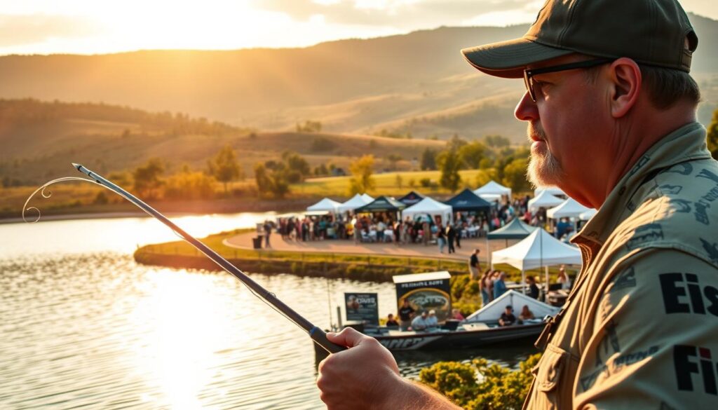 A tranquil lakeside scene captures the essence of bass fishing events. In the foreground, a skilled angler casts their line, their face etched with concentration. The middle ground reveals a bustling event site, with enthusiastic attendees surrounding display booths showcasing the latest fishing gear and techniques. The background is dominated by a picturesque landscape, with rolling hills, lush trees, and a serene body of water reflecting the natural beauty of the setting. Warm, golden sunlight filters through the scene, creating a soft, inviting atmosphere. The overall composition conveys the excitement and camaraderie of these cherished bass fishing events.