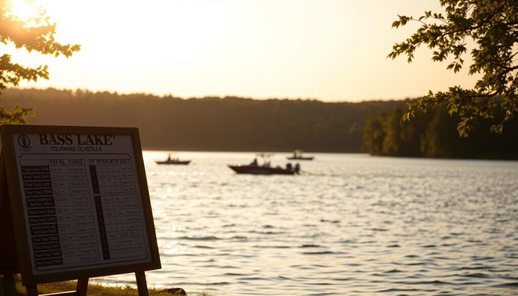 A tranquil lakeside scene, the surface of Bass Lake gently rippling under a warm, golden sunset. In the foreground, a neatly arranged tournament schedule board displays the upcoming events, its wooden frame complementing the natural surroundings. In the middle ground, a few fishing boats dot the water, their occupants anticipating the next big catch. The background is framed by a lush, verdant forest, creating a sense of seclusion and retreat. The lighting is soft and diffused, lending an inviting, atmospheric quality to the entire composition. A tranquil lakeside scene, the surface of Bass Lake gently rippling under a warm, golden sunset. In the foreground, a neatly arranged tournament schedule board displays the upcoming events, its wooden frame complementing the natural surroundings. In the middle ground, a few fishing boats dot the water, their occupants anticipating the next big catch. The background is framed by a lush, verdant forest, creating a sense of seclusion and retreat. The lighting is soft and diffused, lending an inviting, atmospheric quality to the entire composition.