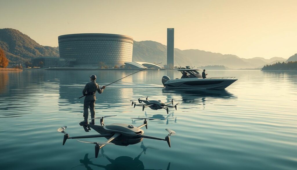A vast expanse of a futuristic lakeside, with a sleek, hyper-modern fishing boat gliding across the crystal-clear waters. In the foreground, a fisherman wearing a high-tech exosuit casts a line using a state-of-the-art robotic reel, its movements fluid and precise. The middle ground features a cluster of autonomous underwater drones, their sensors scanning the depths for the perfect catch. In the background, a towering, gleaming research facility stands, its facade dotted with the latest sonar and imaging technology. The scene is bathed in a warm, almost ethereal glow, casting a futuristic, yet serene atmosphere, hinting at the transformative innovations that will shape the next generation of bass fishing.