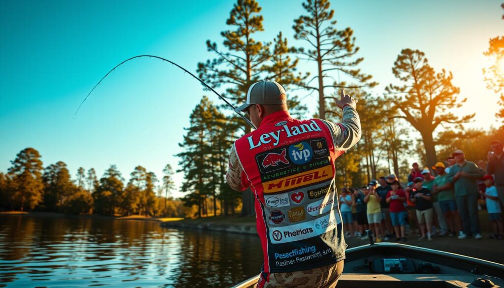 A vibrant and dynamic scene showcasing the impact of sponsor partnerships in the bass fishing community. In the foreground, a professional angler casts their line into a serene lake, their uniform prominently displaying the logos of their corporate sponsors. In the middle ground, spectators cheer and applaud, immersed in the thrilling competition. The background features a backdrop of towering trees and a clear, azure sky, evoking a sense of outdoor adventure. The lighting is warm and golden, creating a captivating atmosphere that highlights the synergy between the anglers, their sponsors, and the passionate fans. The overall composition conveys the powerful intersection of elite-level sport, brand visibility, and the shared enthusiasm that drives the world of competitive bass fishing.