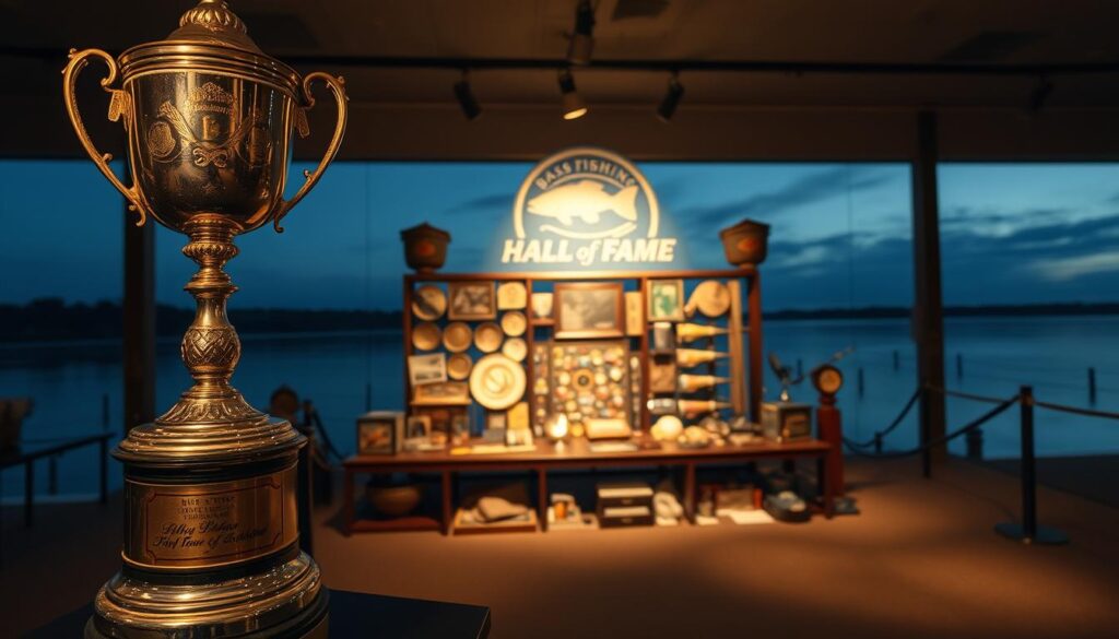 Bass Fishing Hall of Fame history, a captivating legacy of legendary anglers. In the foreground, a majestic trophy stands tall, its gleaming surface reflecting the dedication and triumph of those who have etched their names in the annals of this hallowed institution. The middle ground showcases a tableau of fishing memorabilia, each item a testament to the skill, innovation, and passion that have defined the sport. Casting a gentle glow, the background features a serene lakeside scene, the tranquil waters mirroring the timeless allure of bass fishing. The lighting is warm and inviting, evoking a sense of reverence and awe. Captured with a wide-angle lens, the scene conveys the grandeur and significance of this revered institution, inspiring awe and respect for the icons who have shaped the sport's history.
