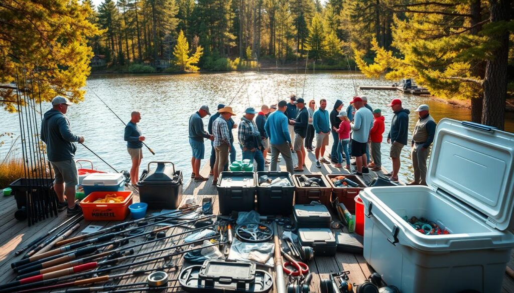Bass Lake family fishing tournament essentials - a vibrant, sun-dappled scene. In the foreground, a neatly arranged spread of essential gear: rods, reels, tackle boxes, and a cooler overflowing with bait and refreshments. The middle ground features a large group of excited anglers, dressed in comfortable, performance-oriented attire, gathered around a weathered wooden dock, preparing their equipment for the upcoming competition. In the background, the serene waters of Bass Lake shimmer, surrounded by lush, verdant foliage and towering pines, creating a tranquil, outdoor atmosphere. Warm, golden lighting filters through the trees, casting a welcoming glow over the entire tableau. The overall mood is one of anticipation, camaraderie, and a deep appreciation for the natural beauty of the lake and the thrill of the sport.