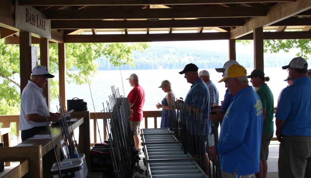 Bass Lake tournament registration area with anglers queuing at a wooden booth, under a sun-dappled canopy. In the foreground, a tournament official assists a participant filling out a registration form. In the middle ground, a row of neatly organized fishing rods and tackle boxes awaits the competitors. The background features a scenic lakeside view with lush green foliage and a tranquil, rippling surface. Soft, warm lighting creates a welcoming atmosphere, inviting anglers to embark on the annual fishing derby.