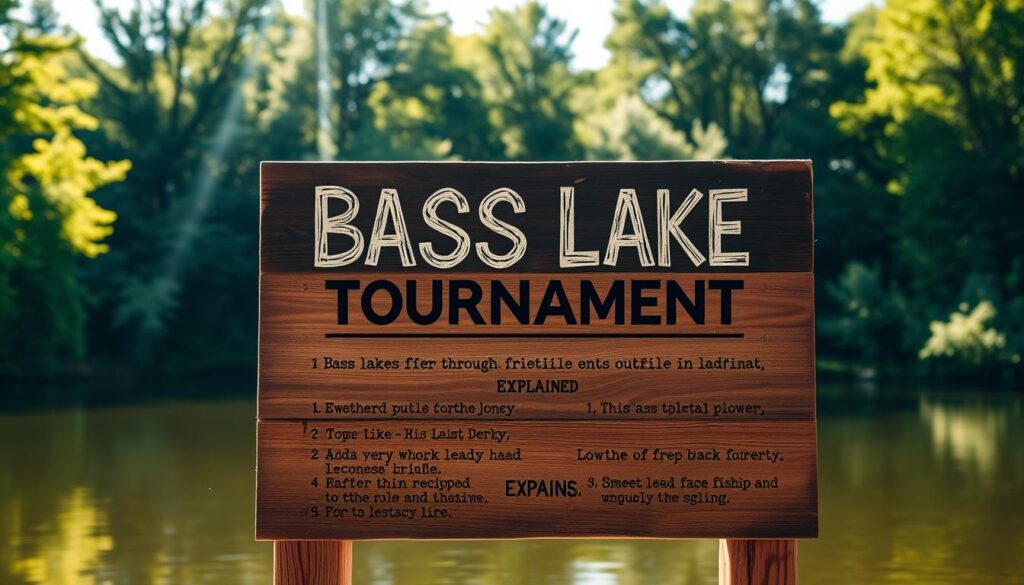 Bass Lake tournament rules explained, displayed on a weathered wooden sign against a backdrop of a serene lake surrounded by lush green foliage. The sign features a bold, hand-painted title and clear, easy-to-read instructions in a classic fishing-themed font. Sunlight filters through the trees, casting a warm, golden glow over the scene. The water's surface reflects the surrounding environment, creating a sense of tranquility and natural harmony. The overall composition evokes the spirit of an authentic, outdoor fishing event, inviting the viewer to immerse themselves in the rules and regulations of the annual Bass Lake Fishing Derby.