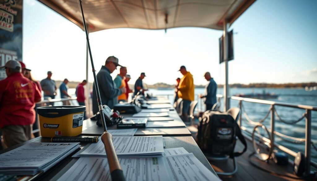Bass tournament registration desk with close-up view of paperwork, fishing rod, and tournament gear. The scene is well-lit with natural daylight, conveying a professional and organized atmosphere. The desk is positioned in the foreground, with a middle ground featuring anglers lining up to register. The background showcases the scenic lake and surrounding landscape, hinting at the competitive and immersive nature of the bass fishing tournament. The prompt aims to capture the essential elements of the registration process while evoking a sense of anticipation and excitement for the upcoming tournament. Bass tournament registration desk with close-up view of paperwork, fishing rod, and tournament gear. The scene is well-lit with natural daylight, conveying a professional and organized atmosphere. The desk is positioned in the foreground, with a middle ground featuring anglers lining up to register. The background showcases the scenic lake and surrounding landscape, hinting at the competitive and immersive nature of the bass fishing tournament. The prompt aims to capture the essential elements of the registration process while evoking a sense of anticipation and excitement for the upcoming tournament.
