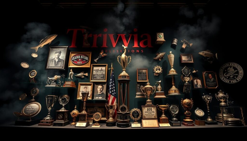 Detailed trivia display showcasing iconic moments and records in the world of professional bass fishing tournaments. A dynamic, vibrant composition featuring a collage of historical artifacts, trophies, and memorabilia floating against a moody, atmospheric backdrop. Dramatic lighting casts dramatic shadows, creating depth and visual interest. The scene is captured with a wide-angle lens to emphasize the grandeur and significance of these hallmark achievements. An air of reverence and celebration surrounds the display, inviting the viewer to appreciate the legacy of the sport's greatest champions.