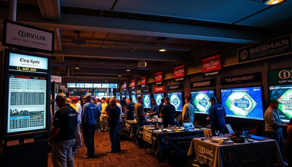 A bustling scene of a bass tournament registration booth, illuminated by warm, soft lighting. In the foreground, an electronic kiosk displays detailed entry information, with anglers lining up to check in. The middle ground features tables covered in tournament banners and sponsor logos, where staff assist participants with paperwork and gear. In the background, a backdrop of high-tech displays showcases the latest fishfinding and tournament management software, creating an atmosphere of cutting-edge technology seamlessly integrated into the event. The overall mood is one of excitement and anticipation, as anglers prepare to compete in this well-organized, technologically-driven bass tournament.