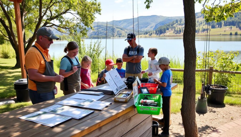 A family-friendly angling event registration booth set up in a scenic, sun-dappled outdoor setting. In the foreground, a wooden counter displays registration forms and informational brochures, with friendly event staff assisting eager young anglers and their parents. The middle ground features a backdrop of lush greenery, with fishing rods, tackle boxes, and other angling gear neatly arranged. The background showcases a tranquil, picturesque lake surrounded by rolling hills, creating a serene and inviting atmosphere that evokes the joy of fishing and outdoor adventure.