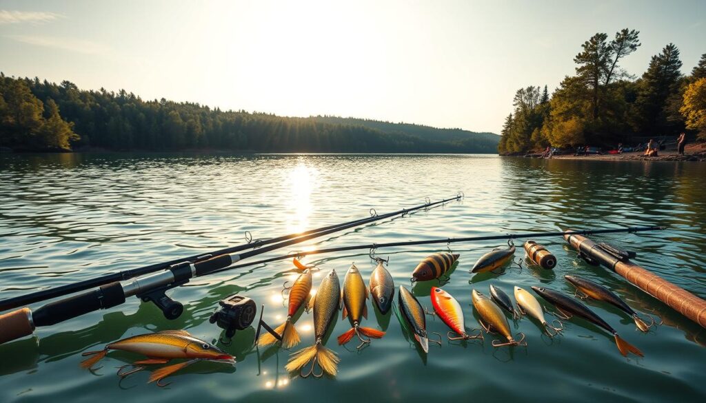 A pristine, crystal-clear lake surrounded by lush green forests, the sun's golden rays reflecting off the rippling water. In the foreground, an array of high-tech fishing rods, reels, and lures - the evolution of tournament bass fishing gear over the decades. Sleek carbon fiber rods, precision-engineered reels, and an assortment of lifelike lures in a range of vibrant colors. In the middle ground, a collection of vintage tackle - wooden lures, steel reels, and bamboo rods - a nod to the sport's storied past. In the background, silhouettes of anglers on the shore, casting their lines into the depths, each equipped with the latest cutting-edge technology to chase their dream of breaking records at Bass Lake.