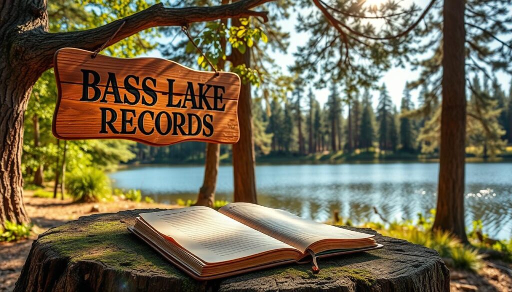 A rustic wooden sign hanging from a tree branch, casting a warm glow in the dappled sunlight of a tranquil forest clearing. The sign's weathered surface bears the words "BASS LAKE RECORDS" in bold, hand-carved lettering. In the foreground, a weathered leather-bound logbook rests on a moss-covered stump, its pages open to reveal meticulous entries of past fishing triumphs. The middle ground showcases a serene lake, its glassy surface reflecting the surrounding lush foliage. In the distance, the silhouettes of towering pines stand sentinel, creating a sense of timelessness and connection to the lake's storied past. The overall atmosphere evokes a reverence for the rich angling heritage of this revered fishing destination.