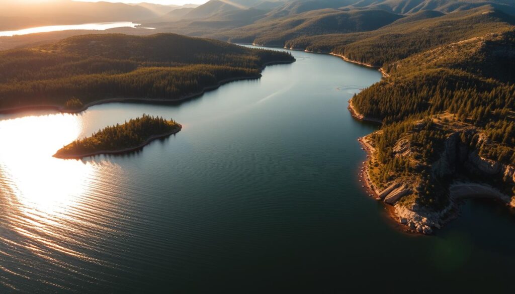 A scenic aerial view of Bass Lake's prime fishing hotspots, captured with a wide-angle lens. The tranquil waters shimmer under warm golden sunlight, surrounded by lush green forests and rugged shorelines. In the foreground, a network of channels, coves, and submerged structures create ideal ambush points for trophy bass. The middle ground reveals prime spawning flats and underwater ledges, while the distant background showcases the lake's dramatic mountainous terrain. The overall composition conveys the lake's diverse, dynamic, and visually striking features that set it apart as a premier bass fishing destination. A scenic aerial view of Bass Lake's prime fishing hotspots, captured with a wide-angle lens. The tranquil waters shimmer under warm golden sunlight, surrounded by lush green forests and rugged shorelines. In the foreground, a network of channels, coves, and submerged structures create ideal ambush points for trophy bass. The middle ground reveals prime spawning flats and underwater ledges, while the distant background showcases the lake's dramatic mountainous terrain. The overall composition conveys the lake's diverse, dynamic, and visually striking features that set it apart as a premier bass fishing destination.