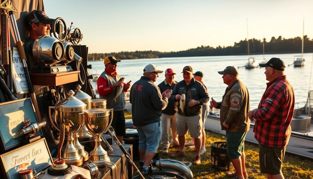 A scenic, outdoor setting with a lakeside backdrop. In the foreground, a collage of fishing gear, tournament trophies, and action shots, capturing the excitement and accomplishments of the bass fishing competition. The middle ground features a group of anglers engaged in lively discussion, animatedly recounting their experiences and strategies. Warm, natural lighting casts a golden glow, creating a celebratory atmosphere. The background showcases the tranquil waters of the lake, with a few boats moored in the distance, hinting at the broader context of the tournament. The overall composition conveys a sense of camaraderie, achievement, and the shared passion for the sport of bass fishing.