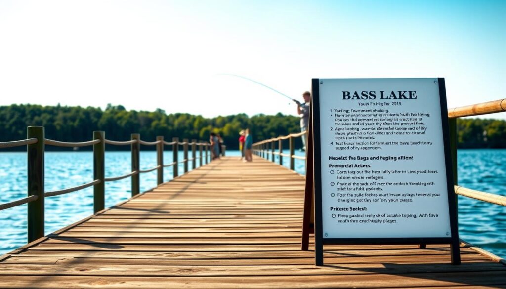 A scenic view of a lakeside pier against a backdrop of tranquil waters and verdant forest. In the foreground, a neatly printed sign outlines the rules and regulations for a youth fishing tournament at Bass Lake, with details on categories, prizes, and safety guidelines. The scene is bathed in soft, natural lighting, creating a welcoming and inclusive atmosphere. The pier's wooden planks and weathered railings suggest a well-maintained, community-oriented space. In the distance, silhouettes of young anglers can be seen casting their lines, their excitement and anticipation palpable. The overall composition conveys the spirit of outdoor adventure, sportsmanship, and the joy of connecting with nature that typifies the youth fishing experience at Bass Lake.