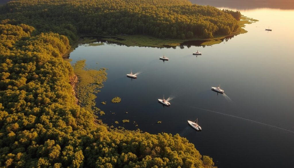 A serene aerial view of Bass Lake's prime tournament hotspots, captured with a wide-angle lens and soft, golden-hour lighting. The lush, verdant shoreline frames the still, mirrored surface, revealing hidden coves, submerged structures, and weed beds where bass frequently ambush their prey. Anglers' boats dot the calm waters, strategically positioned near key structural elements like rocky points, underwater ledges, and fallen timber. The tranquil scene evokes the peace and anticipation of pre-tournament preparation, as seasoned competitors meticulously scout the lake's most productive fishing zones. A serene aerial view of Bass Lake's prime tournament hotspots, captured with a wide-angle lens and soft, golden-hour lighting. The lush, verdant shoreline frames the still, mirrored surface, revealing hidden coves, submerged structures, and weed beds where bass frequently ambush their prey. Anglers' boats dot the calm waters, strategically positioned near key structural elements like rocky points, underwater ledges, and fallen timber. The tranquil scene evokes the peace and anticipation of pre-tournament preparation, as seasoned competitors meticulously scout the lake's most productive fishing zones.