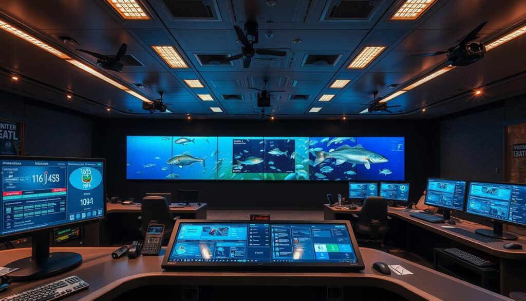 A sleek, high-tech fishing tournament control center. In the foreground, a cutting-edge touchscreen dashboard displays real-time data on competitors' locations, catch weights, and leaderboard updates. The middle ground features a row of sturdy, ergonomic workstations with multiple monitors, allowing tournament directors to precisely track and manage every aspect of the event. In the background, a large video wall projects a panoramic view of the tournament lake, with schools of bass swimming through crystal-clear waters. Overhead, a network of specialized cameras and drones capture aerial footage, providing a bird's-eye view of the competition. The lighting is a perfect balance of warm, focused task lighting and cool, ambient illumination, creating a professional, efficient atmosphere.