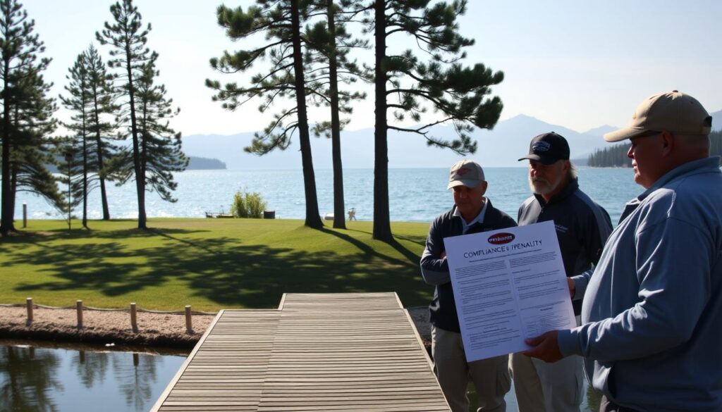 A tranquil lakeside scene at Bass Lake, with a wooden dock extending into the calm, reflective waters. In the foreground, a group of anglers stand solemnly, their expressions somber as they review a document detailing the tournament's compliance penalties. The middle ground features a well-manicured grassy area, dotted with tall pine trees casting long shadows. In the background, the serene blue waters of the lake are framed by a picturesque mountain range, hazy under the soft, diffused lighting of a late afternoon. The overall mood is one of contemplation, as the anglers grapple with the consequences of potential rule infractions during the upcoming fishing competition.