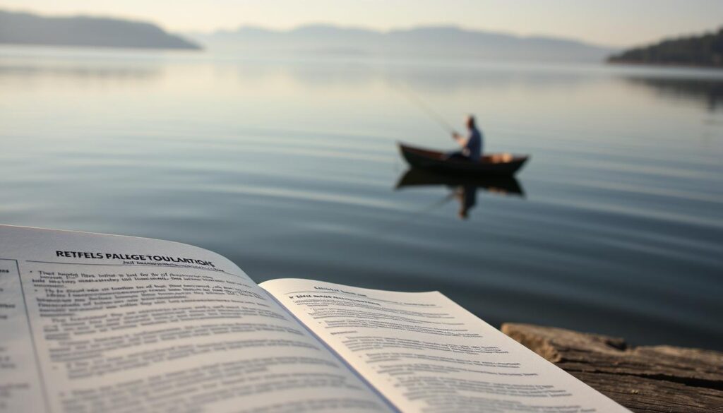 A tranquil lakeside scene, with Bass Lake in the background. In the foreground, a close-up view of a fishing regulation document, its pages open and detailed with carefully curated guidelines. The middle ground features a small rowboat drifting on the still waters, a fisherman casting his line. Subtle natural lighting illuminates the scene, casting a warm, golden glow. The overall atmosphere conveys a sense of serenity and attention to the careful administration of fishing rules and policies by the California Fish and Wildlife and local organizations.
