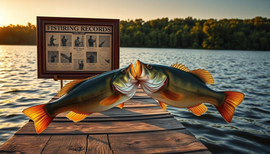 Bass Lake fishing records, showcasing the historic milestones achieved by anglers on its waters. A weathered wooden dock extends into the serene, rippling lake, its surface reflecting the golden sunset. In the foreground, a trophy-sized largemouth bass, its sleek, olive-green body and cavernous mouth meticulously rendered. Mounted on the dock's edge, a framed display highlights record-breaking catches, each photograph and statistic etched in a vintage, sepia-toned style. The middle ground features silhouettes of anglers, their fishing rods poised, capturing the thrill of the hunt. In the distance, a picturesque forest frames the scene, its lush, verdant foliage blanketing the shoreline. Lighting is warm and soft, evoking a nostalgic, timeless ambiance befitting the subject's historical significance.