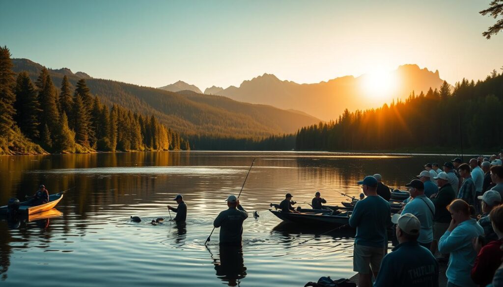 Bass Lake tournament, the iconic moments captured in a timeless landscape. A serene lake surrounded by lush, verdant forests, the setting sun casting a warm, golden glow over the tranquil waters. In the foreground, anglers locked in intense competition, their silhouettes reflected in the mirror-like surface, the tension palpable as they reel in their prized catches. Mid-ground, spectators gather, their faces alight with excitement, bearing witness to the unfolding drama. In the distance, the towering mountains stand as silent sentinels, their majestic peaks framing the scene. Crisp, cinematic lighting and a wide-angle lens capture the grandeur and significance of this hallowed tournament, a testament to the enduring allure of the sport of bass fishing.