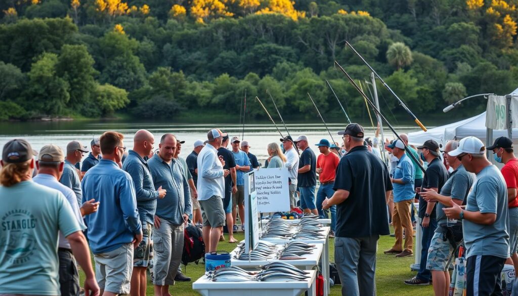 A bustling outdoor scene of a sustainable fishing tournament. In the foreground, anglers excitedly display their catches while chatting with representatives from local tackle shops, discussing the latest gear and techniques. The middle ground features booths and displays showcasing eco-friendly fishing practices and sustainable seafood. In the background, a picturesque lake or river surrounded by lush greenery, bathed in warm, golden-hour lighting. The atmosphere is one of community, education, and a shared passion for the sport of fishing in harmony with nature.