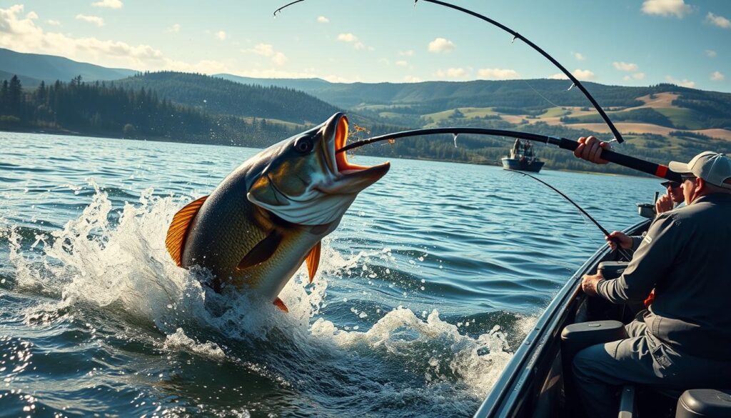 A dramatic bass fishing tournament scene unfolds, with a massive, ferocious fish challenging an angler on the water. In the foreground, the angler battles the behemoth, their rod bent under the immense strain as the fish thrashes against the line. Splashes of water erupt around them, casting a sense of urgency and intensity. In the middle ground, the surrounding boats and anglers watch the spectacle, their expressions a mix of anticipation and concern. The background is a panoramic view of the tournament venue, with rolling hills, lush forests, and a shimmering lake providing a picturesque backdrop to the unfolding drama. Dramatic lighting casts sharp shadows and highlights the tension of the moment, as the angler fights to reel in the elusive, championship-winning catch.