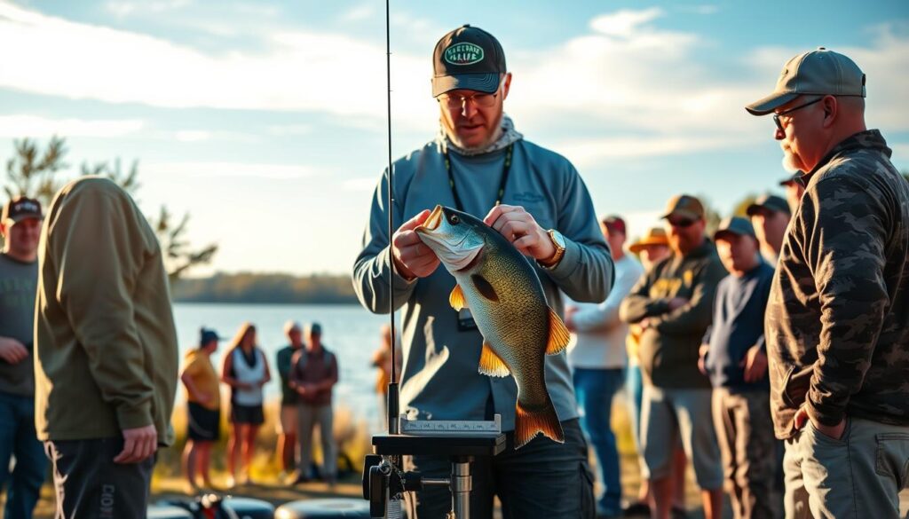 A scenic outdoor setting at a bass fishing tournament, with anglers engaged in friendly competition. In the foreground, two anglers stand beside a measurement scale, examining a sizable largemouth bass. Midbground, a group of spectators watch intently, creating an atmosphere of anticipation. The background depicts a serene lakeside landscape, with gently swaying trees and a clear blue sky above. Warm, golden lighting illuminates the scene, evoking a sense of camaraderie and excitement. The image conveys the thrill of the "lunker" competition, where skilled anglers vie for the biggest catch and bragging rights.