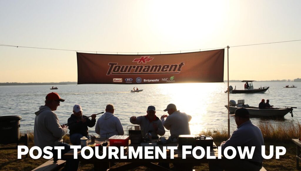 A serene lakeside setting, the sun's golden glow illuminating the scene. In the foreground, a group of anglers gathered around a wooden table, animatedly discussing the day's events, their fishing rods and tackle boxes nearby. In the middle ground, a large tournament banner hangs, showcasing the event's name and sponsors. In the background, the shimmering waters of the lake stretch out, with a few boats dotting the surface, their occupants engaged in post-tournament celebrations. The mood is one of camaraderie, excitement, and a sense of accomplishment, capturing the essence of the "Post-Tournament Follow Up" section. A serene lakeside setting, the sun's golden glow illuminating the scene. In the foreground, a group of anglers gathered around a wooden table, animatedly discussing the day's events, their fishing rods and tackle boxes nearby. In the middle ground, a large tournament banner hangs, showcasing the event's name and sponsors. In the background, the shimmering waters of the lake stretch out, with a few boats dotting the surface, their occupants engaged in post-tournament celebrations. The mood is one of camaraderie, excitement, and a sense of accomplishment, capturing the essence of the "Post-Tournament Follow Up" section.