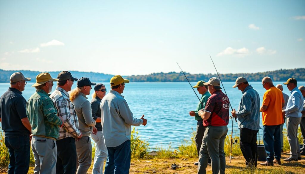 A serene outdoor scene showcasing a sustainable tournament partnership. In the foreground, a diverse group of environmental stakeholders - representatives from government agencies, non-profit organizations, and local community leaders - stand together, shaking hands and discussing collaborative strategies. The middle ground features a pristine lake, its waters reflecting the vibrant colors of the sky and surrounding foliage. In the background, anglers prepare their gear, while event staff ensure the tournament runs smoothly and responsibly. Warm, natural lighting bathes the scene, conveying a sense of unity, shared purpose, and environmental stewardship.