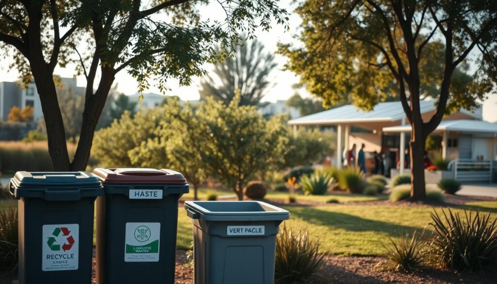 A serene outdoor scene showcasing various habitat impact reduction strategies. In the foreground, a waste sorting station with labeled bins for recycling, composting, and landfill waste. In the middle ground, a row of native trees and shrubs, demonstrating environmentally-friendly landscaping. In the background, a solar-powered event pavilion, highlighting renewable energy solutions. Soft, natural lighting casts a warm glow, creating a tranquil atmosphere. The composition emphasizes the harmony between human activity and ecological preservation, encouraging sustainable practices.