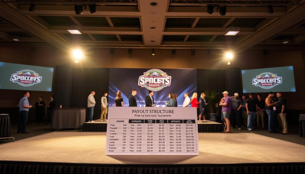 A serene tournament venue with a central stage showcasing a payout structure display. The stage is illuminated by warm, focused lighting, casting a professional and authoritative atmosphere. In the foreground, a well-designed table exhibits a clear, visually appealing payout breakdown, outlining the prize distribution for early registrants. The middle ground features tournament participants mingling, discussing the event details. In the background, a stylized banner or backdrop promotes the tournament's branding and theme, complementing the overall aesthetic. The scene conveys a sense of anticipation and excitement, encouraging anglers to secure their spot early for the best rewards.
