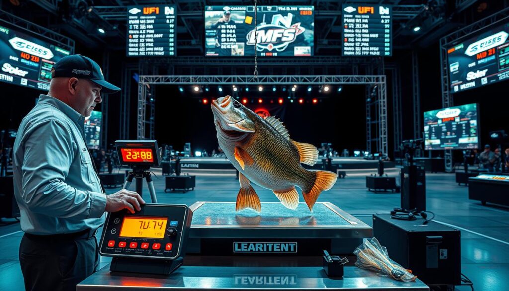 A sleek, high-tech weigh-in station at a professional bass fishing tournament. In the foreground, a tournament official carefully measures and verifies the weight of a massive largemouth bass on a precision digital scale, its display illuminated by soft, warm lighting. The middle ground features an array of specialized equipment - cameras, scanners, and digital recording devices - all meticulously arranged to thoroughly document and authenticate each catch. In the background, an expansive stage is set, flanked by large LED screens displaying real-time leaderboards and tournament information, creating an atmosphere of excitement and anticipation. The scene is bathed in a cool, technical color palette, reflecting the cutting-edge nature of modern bass tournament technology.