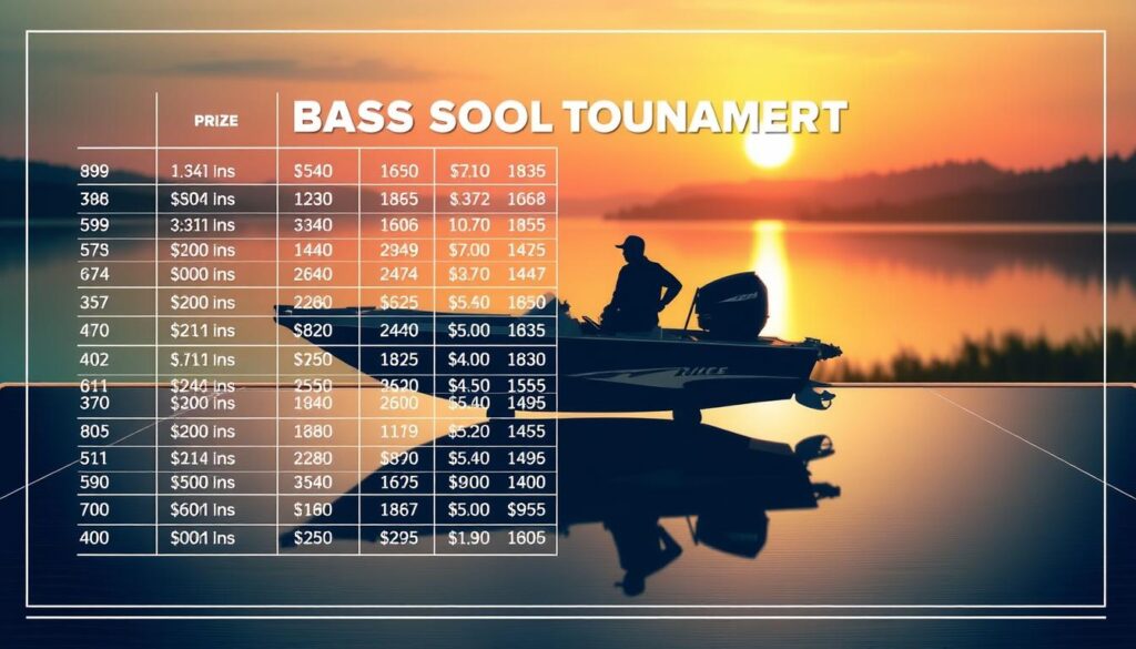 A stylized blueprint-style illustration of a bass tournament payout structure. The foreground features a detailed breakdown of prize amounts and percentages for various tournament placings, presented on a sleek, metallic table surface with clean lines and shadows. The middle ground showcases a high-angle view of a tournament-ready bass boat, its silhouette reflected on the tabletop. The background depicts a hazy, out-of-focus lakeside landscape, with gently rolling hills and a vibrant sunset sky, creating a sense of the competitive outdoor environment. The overall tone is professional, technical, and visually engaging, evoking the excitement and prestige of a premier bass fishing event.