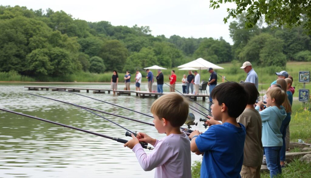 A tranquil scene of a fishing event held in a safe, well-regulated environment. In the foreground, young anglers enthusiastically cast their lines into a serene lake, their faces filled with concentration and excitement. The middle ground showcases a series of safety stations, manned by attentive instructors providing guidance and demonstrations on proper techniques and equipment. In the background, a lush, verdant landscape sets the stage, with a gently overcast sky bathing the scene in a warm, diffused light, creating a sense of comfort and security. The overall atmosphere conveys the importance of fostering a safe, nurturing space for young anglers to develop their skills and appreciation for the sport.