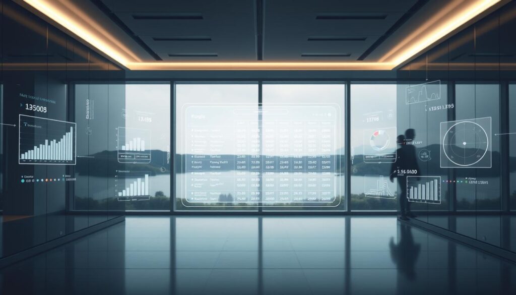 A transparent, holographic scoring system floats in a dimly lit, minimalist office space. Sleek, glass-like surfaces reflect soft, ambient lighting, creating an ethereal, technology-driven atmosphere. In the foreground, various data visualizations and metrics are displayed, their edges blurred, conveying a sense of fluidity and dynamism. The middle ground features a stylized, wireframe model of a leaderboard, its entries flickering and updating in real-time. In the background, a large window offers a view of a tranquil, natural landscape, providing a calming contrast to the digital elements. The overall impression is one of a sophisticated, user-friendly interface that seamlessly integrates data and design, creating a transparent and intuitive experience for the viewer.
