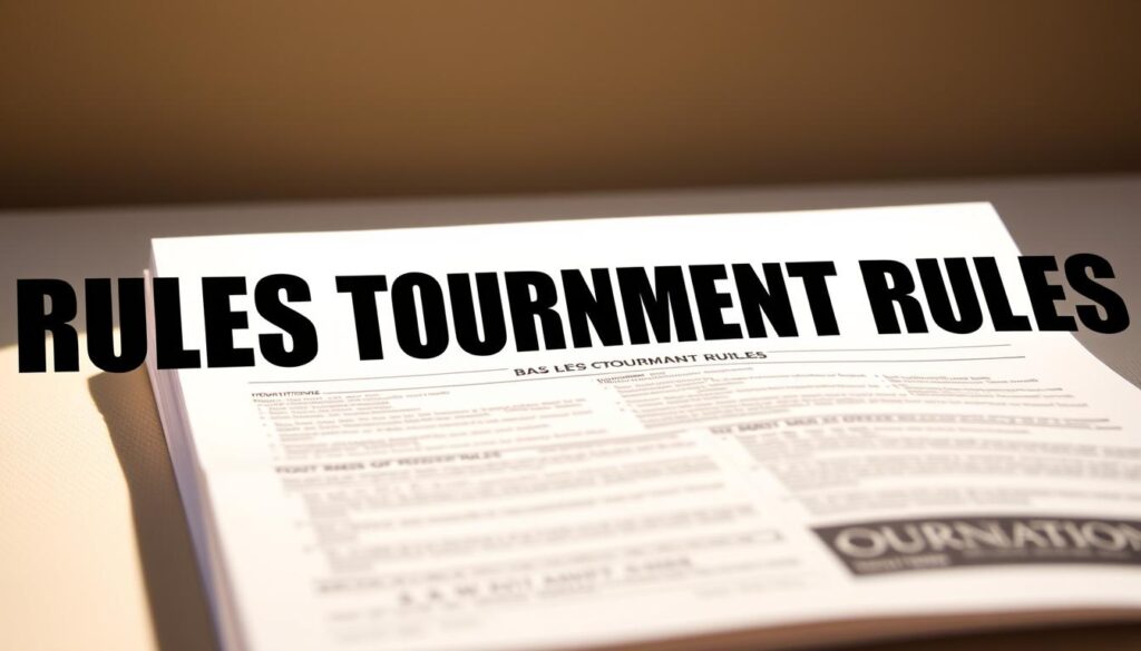 A well-lit, high-resolution image of a tournament rulebook with a bold title "BASS TOURNAMENT RULES CLARIFICATION" displayed prominently on the cover. The pages are crisp and pristine, with detailed regulations and guidelines visible through the translucent pages. The rulebook is set against a neutral, slightly blurred background, drawing the viewer's attention to the central focus. The lighting is warm and natural, creating a sense of authority and professionalism. The overall composition is balanced and visually appealing, conveying the importance and clarity of the tournament rules.