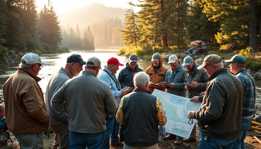A bustling outdoor scene at a riverside fishing hole, anglers engaged in lively discussions and exchanging insights. In the foreground, a group of seasoned anglers huddled around a map, animatedly gesturing and sharing their favorite angling spots. In the middle ground, novice anglers approach the veterans, notebooks in hand, eagerly seeking advice on the best techniques and lures. In the background, the tranquil river flows, flanked by verdant riverbanks and towering pine trees, creating a serene backdrop for this community of fishing enthusiasts. Warm, golden sunlight filters through the canopy, casting a gentle glow over the scene. A wide-angle lens captures the camaraderie and collaborative spirit of this angling community.