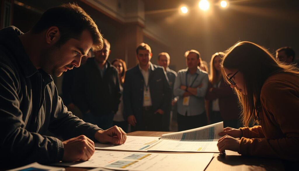 A close-up, cinematic shot of a team of volunteer managers strategizing over a tournament event. In the foreground, two individuals are hunched over a table, studying tournament schematics and schedules, their expressions intense with focus. The middle ground features a group of volunteers gathered around, listening intently and offering suggestions. In the background, the venue is dimly lit, creating a sense of urgency and concentration. Warm, golden lighting casts dramatic shadows, heightening the strategic atmosphere. The overall mood is one of collaboration, problem-solving, and a shared determination to make the tournament a success.