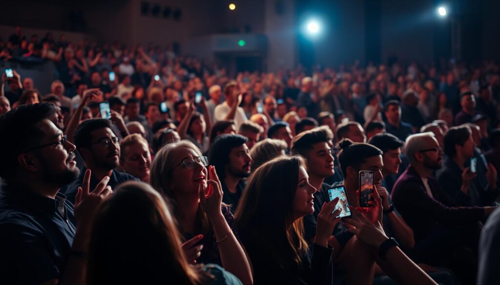 A crowded auditorium filled with an engaged live audience, their faces aglow with excitement as they interact with the stream on their devices. Bright spotlights bathe the scene in a warm, cinematic light, casting dramatic shadows across the attentive faces. In the foreground, a group of viewers animatedly discuss the stream, their hands gesturing passionately. In the middle ground, others raise their phones to capture the moment, their expressions rapt. The background is a blur of activity, with people leaning forward, nodding, and tapping away on their screens. The overall atmosphere is one of dynamic energy and immersive participation, reflecting the vibrant engagement of the live stream.