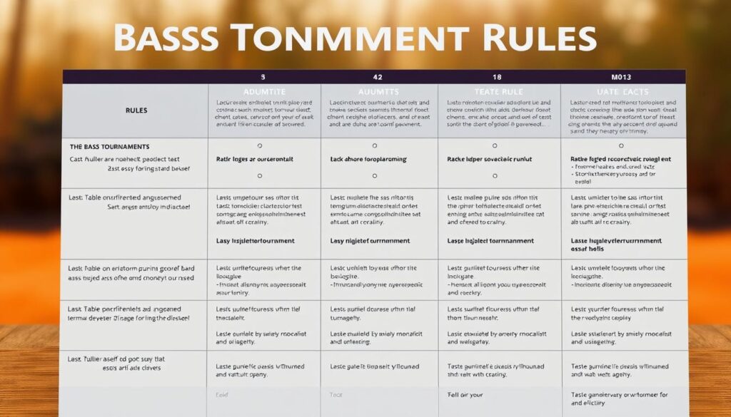 A detailed, neatly organized comparison of bass tournament rules, presented on a sleek, modern UI interface. The foreground showcases a clean, minimalist table layout with crisp, legible text highlighting key rule differences between multiple tournaments. The middle ground features intuitive icons and visual cues to enhance the informative layout. The background is a subtle, soft-focus image of an outdoor bass fishing scene, evoking the competitive yet serene atmosphere of these events. Warm, evenly distributed lighting creates a professional, authoritative tone, shot with a wide-angle lens to capture the full scope of the informative display.