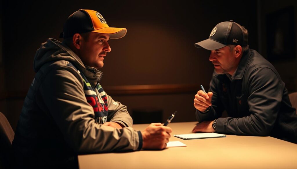 A dimly lit room, the focus on a table where an angler sits across from an interviewer. The angler, dressed in fishing gear, exudes a sense of pride and confidence, ready to recount their tournament experience. The interviewer, leaning forward with a pen and notepad, captures every detail with keen interest. Soft, warm lighting casts subtle shadows, creating an intimate atmosphere conducive to a captivating conversation. The background blurs, drawing attention to the central interaction, as the pair navigate the nuances of the angler's journey and the strategies that led to their success.